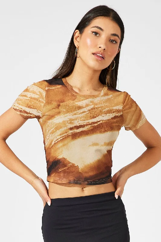 striped women's topsBrown Abstract Top Short Sleeve