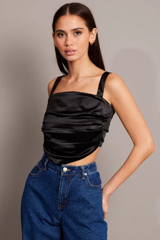 women's tops for boho-chic stylesBlack Satin Tie Back Top