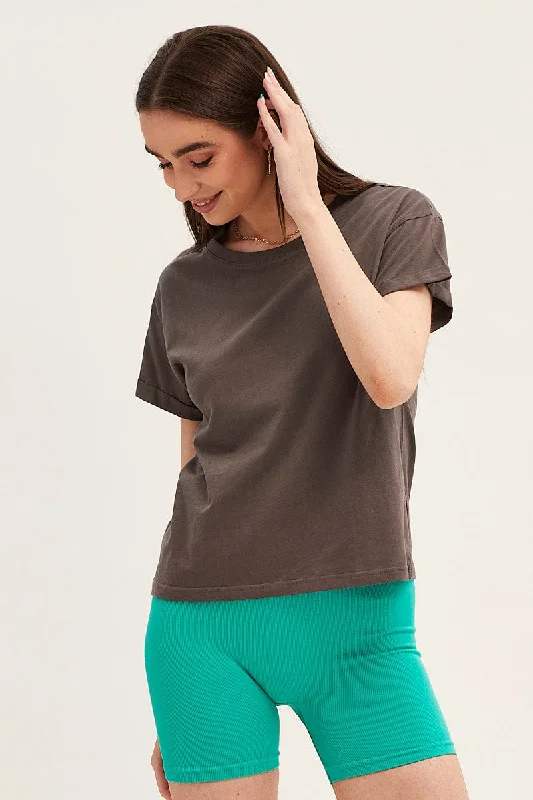 cropped women's topsGrey Roll Sleeve Crew Neck Tee