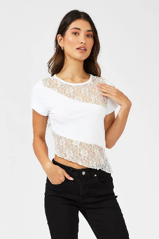 spaghetti strap women's topsWhite Supersoft Lace Top Short Sleeve