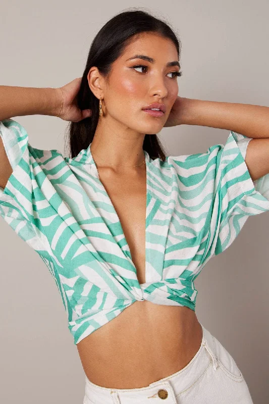 women's tops with unique designsGreen Abstract Tie Up Bolero Short Sleeve