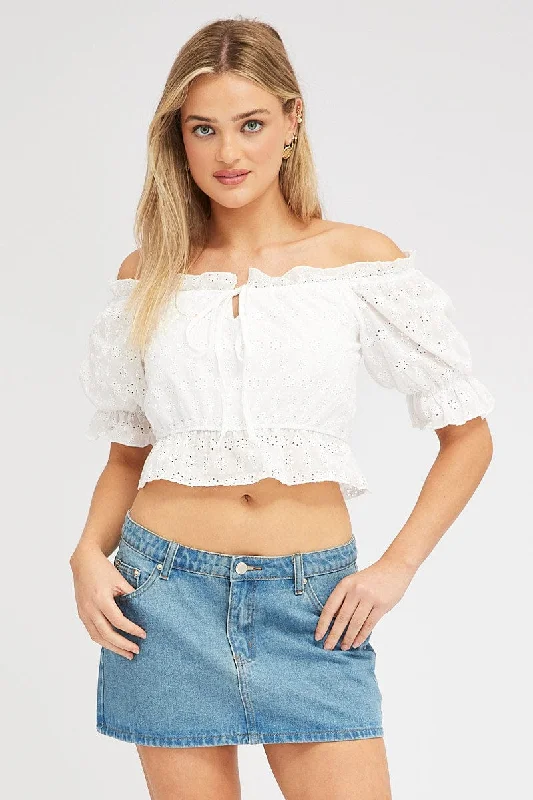 women's tops for casual FridaysWhite Top Off Shoulder Short Sleeve