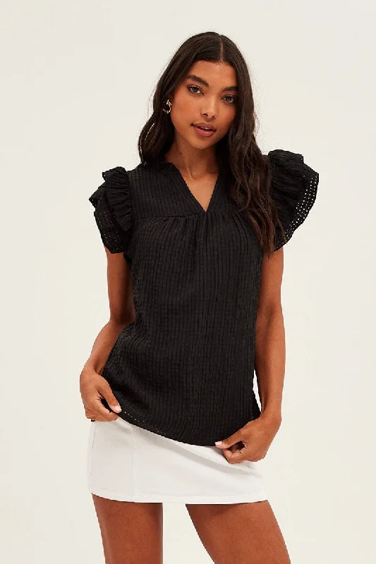 women's tops for picnics in the parkBlack Ruffle Sleeve Top