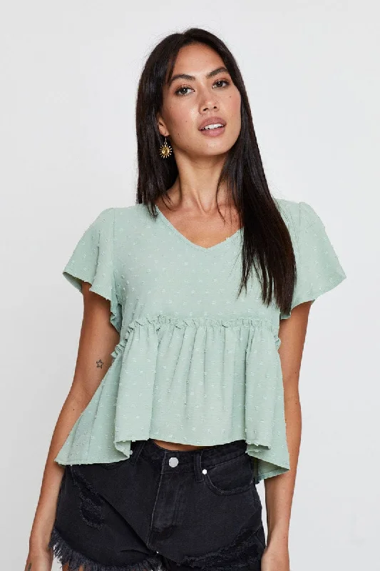 women's tops for those who want to wear versatile pieces that can be dressed up or downGreen Peplum Top Short Sleeve Button Front