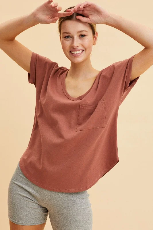 women's tops for those who want to add a bit of flair and personality to their looksBrown Pocket Tee Scoop Neck Cotton Stretch Short Sleeve