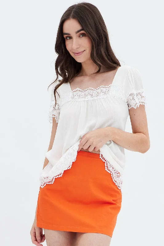 three-quarter sleeve women's topsWhite Lace Trim Top