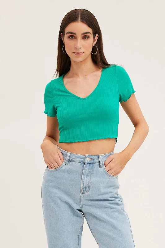 women's tops for cocktail partiesGreen V Neck Lettuce Edge Baby Tee