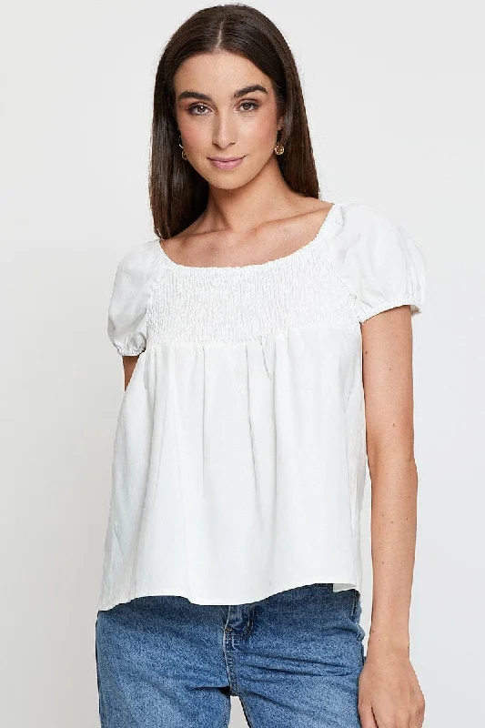 women's tops for statement-making outfitsWhite Shirred Top Short Sleeve