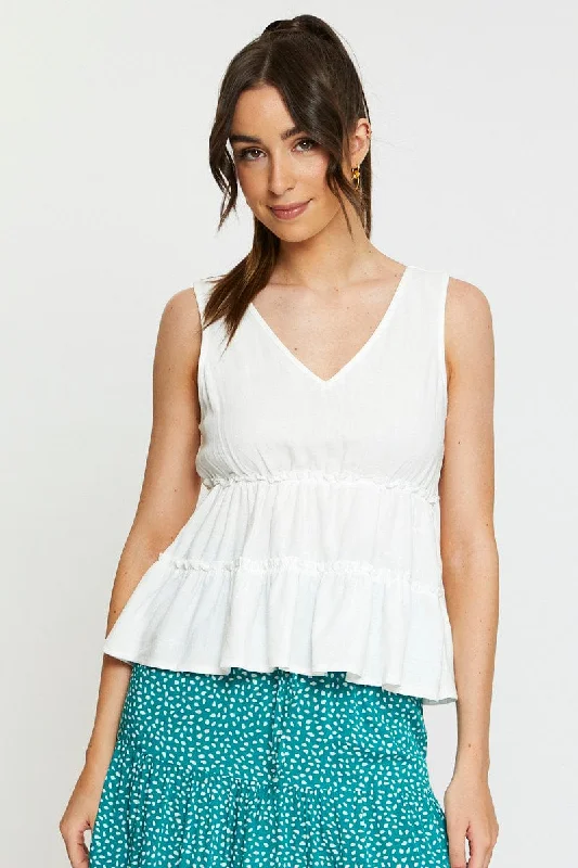 women's tops with cinched waistsWhite Peplum Blouse Sleeveless V-Neck