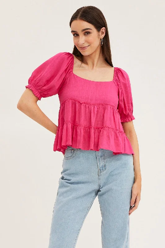 women's tops with unique designsPink Peplum Top Short Sleeve