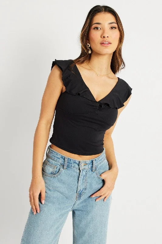 women's tops for those who want to stay on top of the latest fashion trends and wear pieces that are both stylish and on-trendBlack Ruffle Neck Top Sleeveless Supersoft