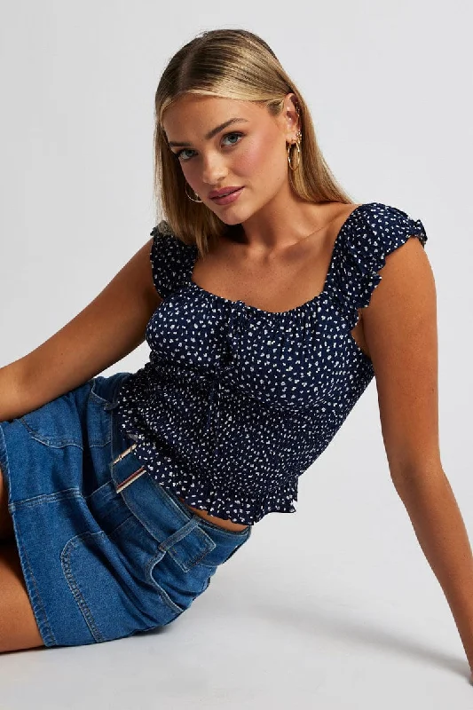 women's tops for those who want to create outfits that reflect their personal style and sense of fashionBlue Ditsy Puff Sleeve Top Short Sleeve