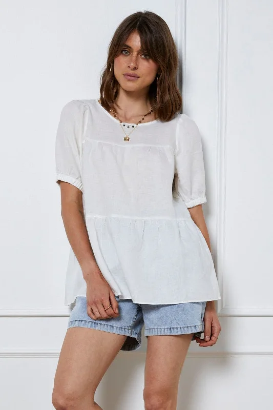 women's tops with unique designsWhite Top Short Sleeve Relaxed Linen