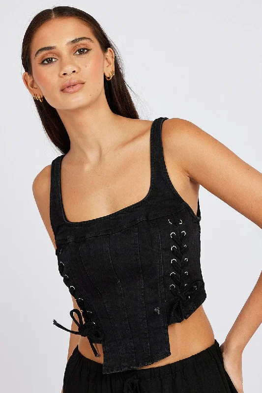 women's tops for casual FridaysBlack Corset Sleeveless Scoop Neck Lace Up Stretch