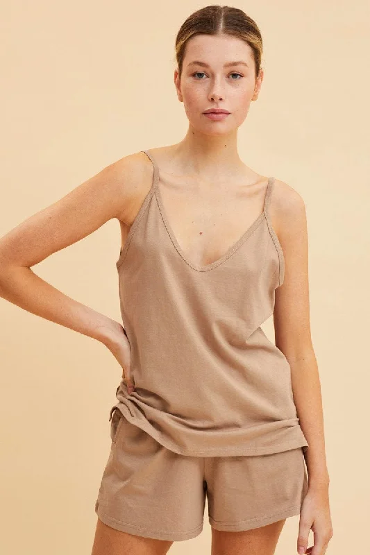 silk women's topsBeige V Neck Singlet Cotton Relaxed Fit