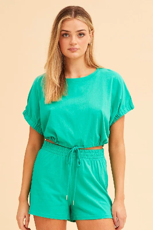 women's tops for those who love to dress up their casual looks with stylish topsGreen Jamie Cropped Cotton Short Sleeve Top