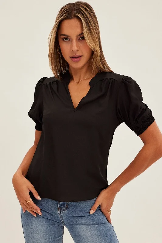 women's tops for bridal showers and baby showersBlack Top V Neck Short Sleeve Shirring Cuff