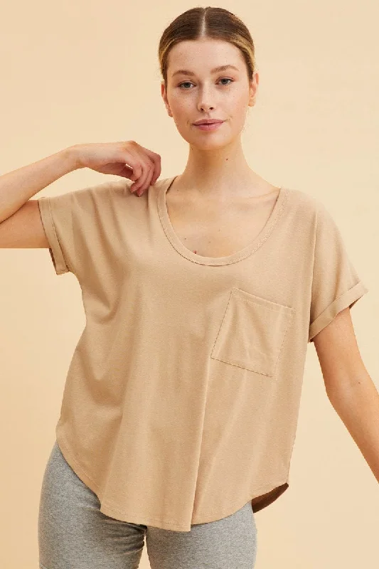 women's tops for those who want to wear pieces that are both comfortable and stylishBeige Pocket Tee Scoop Neck Cotton Stretch Short Sleeve