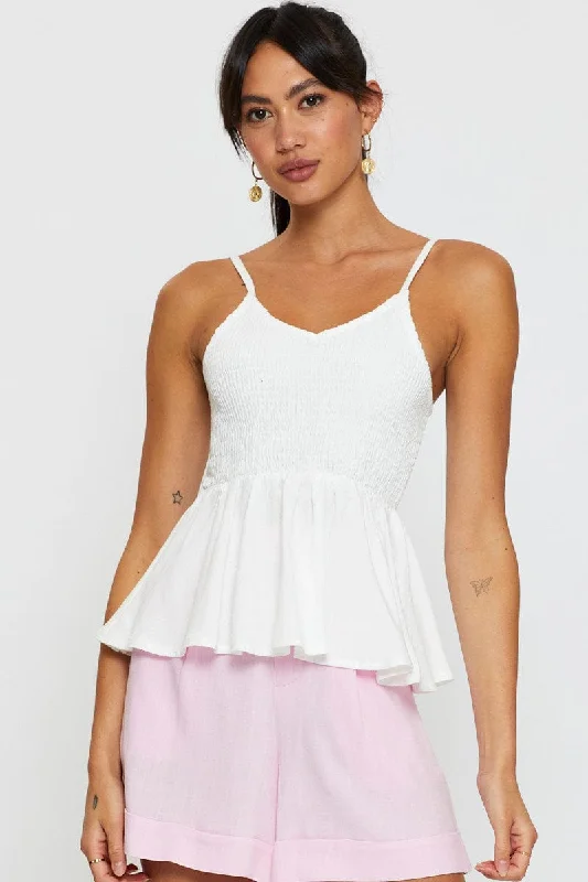 trendy women's topsWhite Peplum Top Sleeveless V-Neck