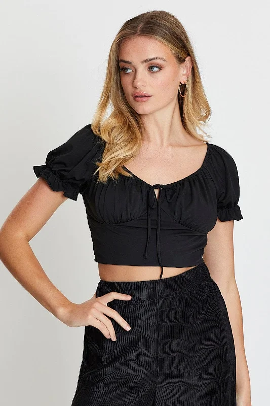 women's tops for those who believe in expressing their individuality through fashionBlack Jersey Top Puff Sleeve Ruche