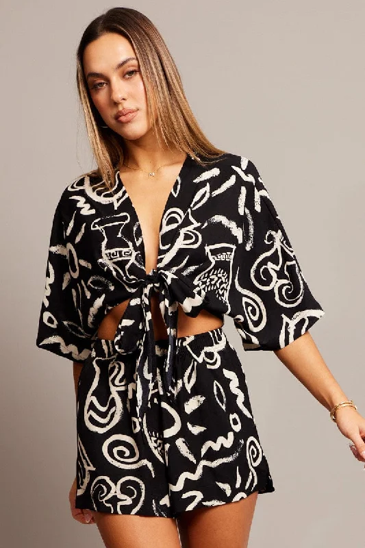 women's tops for those who want to stay on top of the latest fashion trends and wear pieces that are both stylish and on-trendBlack Abstract Tie Up Bolero Short Sleeve