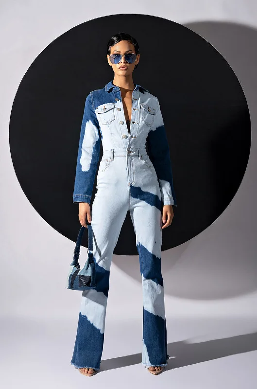 women's jumpsuits with flutter sleevesWHEN I COME AROUND WASHED DENIM JUMPSUIT