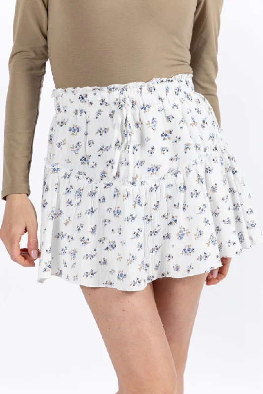 women's versatile work skirtsGarden Party Ivory and Blue Floral Print Gauze Skort