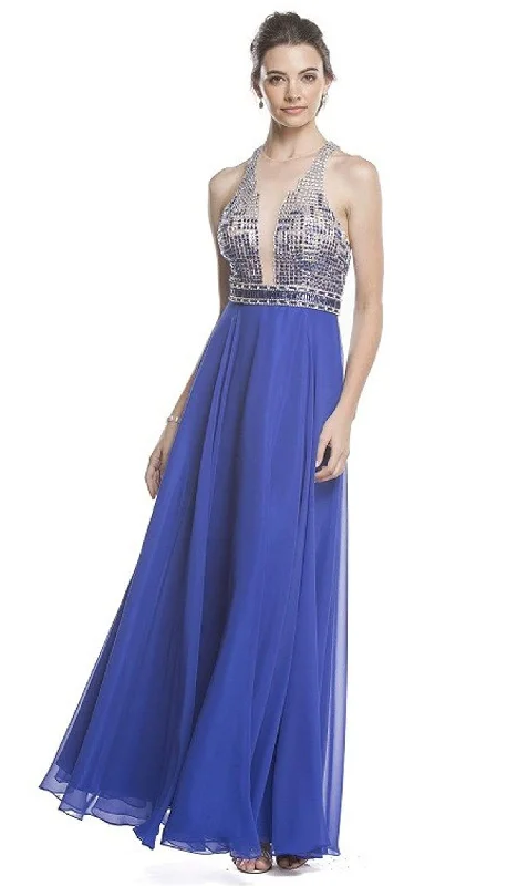 women's wrinkle-resistant dressesAspeed Design - Beaded Illusion Halter A-Line Evening Dress