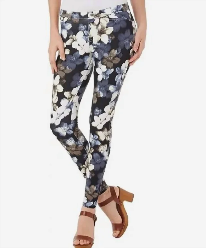 women's denim jeans with distressed thighsFloral Print Pull On Skinny Jeans In Multicolor