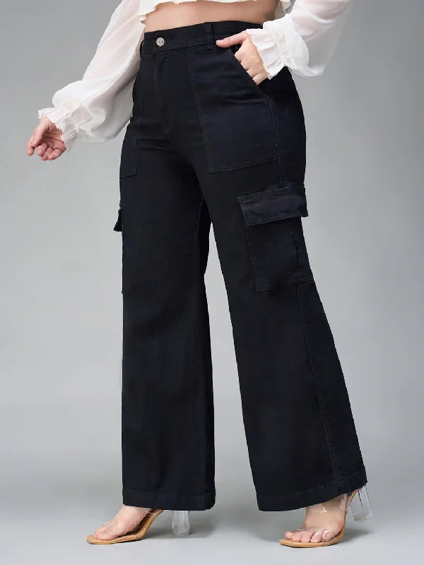 women's denim jeans for a cozy weekend24/7 Comfort Women's Black Wide Leg High Rise Stretchable Denim Cargo Jeans