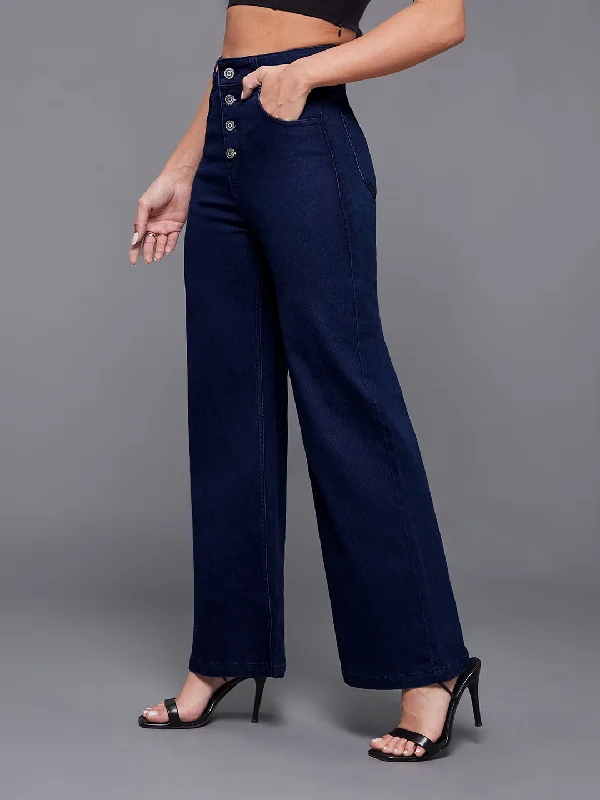 women's denim jeans with ripped knees24/7 Comfort Women's Navy Blue Wide-Leg High-Rise Regular-Length Stretchable Denim Jeans