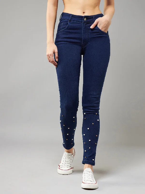 women's denim jeans with frayed edgesWomen's Navy Blue Skinny Fit High Rise Regular Length Pearl Embellished Clean Look Denim Stretchable Jeans