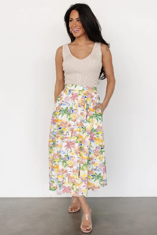 women's moisture-wicking formal skirtsGigi Button Midi Skirt | Off White + Multi Print