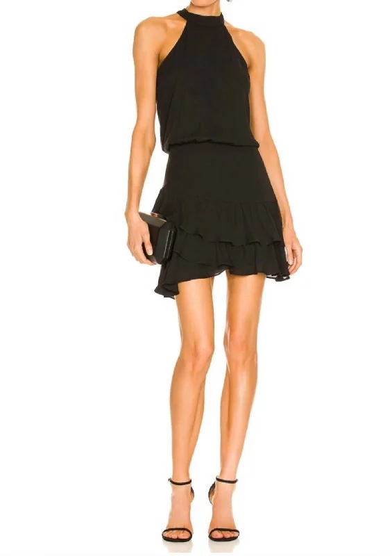 women's halter dressesHalter Asymmetrical Ruffle Mini Dress in Black