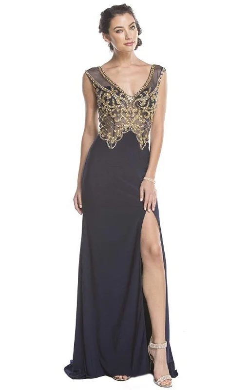 women's bespoke dressesAspeed Design - Gold Embellished Evening Dress with Slit