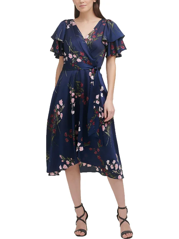 women's club dressesWomens Floral Print Midi Wrap Fit & Flare Dress