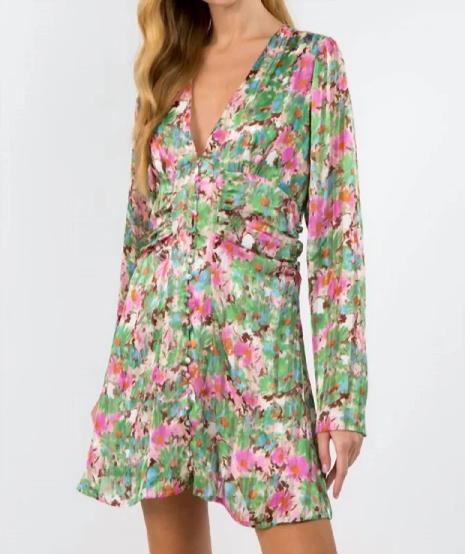 women's shift dressesFloral Button Down Long Sleeve Mini Dress in Pink/Green Floral