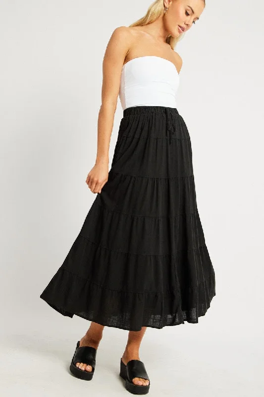 women's loungewear dressy skirtsBlack Maxi Skirt Tiered High Rise Linen Blend