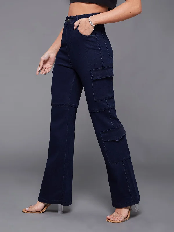 women's denim jeans for workouts24/7 Comfort Women's Navy Blue Wide-Leg High Rise Regular-Length Stretchable Denim Jeans