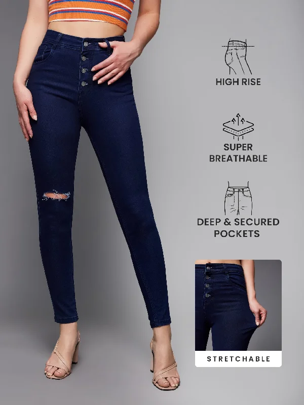 women's denim jeans for a comfortable fitCHASEstretch™ Women's Navy Blue Skinny High Rise Knee Slit Denim Jeans