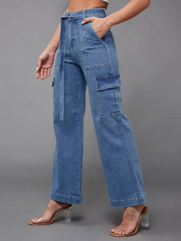 women's denim jeans with elastic waistbands24/7 Comfort Women's Mid Blue Wide-Leg High-Rise Stretchable Cargo Denim Jeans