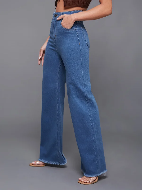 women's denim jeans for petite women24/7 Comfort Women's Mid Blue Wide-Leg High-Rise Stretchable Denim Jeans