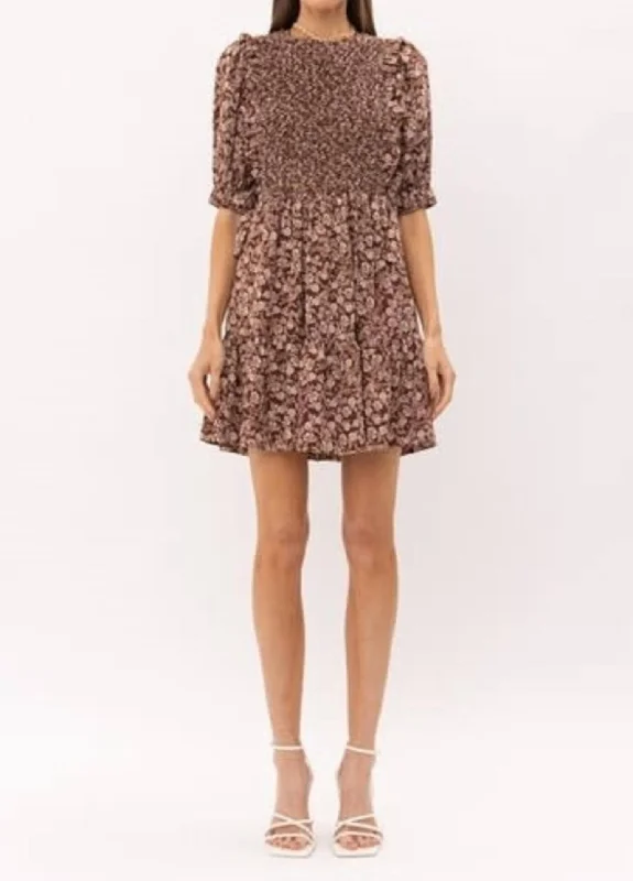 women's A-line dressesFloral Smocked Mini Dress With Side Tie Details in Brown