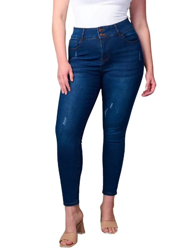 women's denim jeans for everyday wearPlus Size Button Closure Distressed Skinny Jeans In Blue