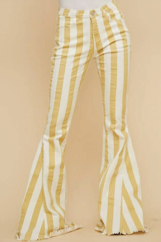 women's denim jeans for a trendy vibeStripped Bell Bottom Jeans In Mustard