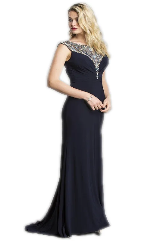 women's maxi dressesAspeed Design - Embellished Cap Sleeves Fitted Evening Dress