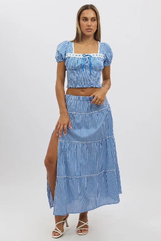 women's solid-color skirtsBlue Check Tiered Maxi Skirt Elastic Waist Slit Ruffle