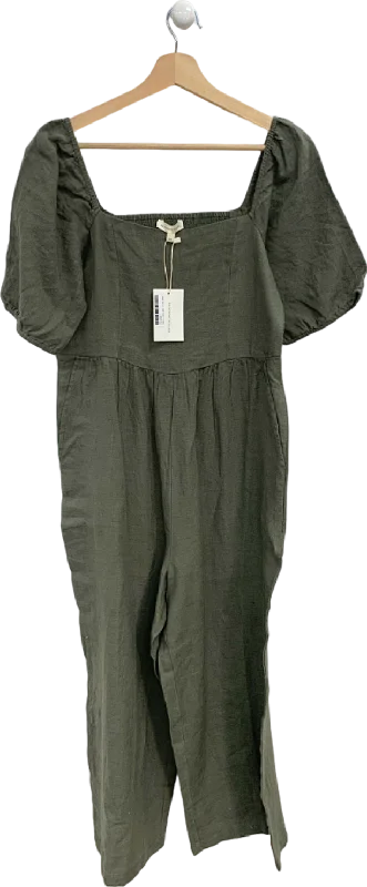 women's jumpsuits made of velvetBeaufort & Blake Khaki Linen Puff Sleeve Jumpsuit UK 12