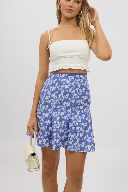 women's fitted skirtsBlue Ditsy Midi Godet Skirt