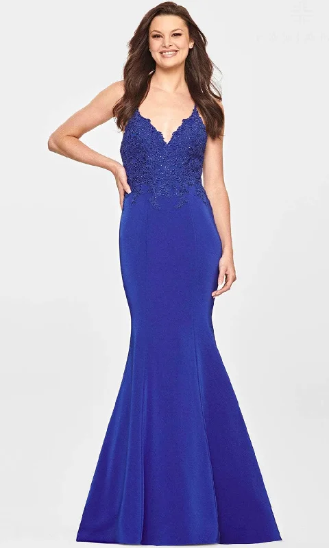 women's stretchy dressesFaviana S10821 - Lace Appliqued V-Neck Evening Gown